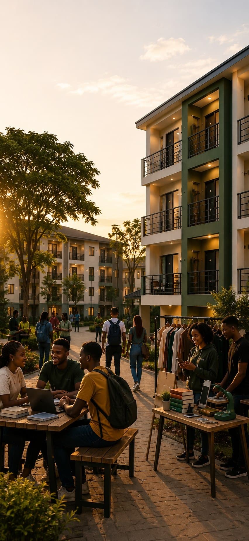 Students studying and trading outside hostel blocks at sunset